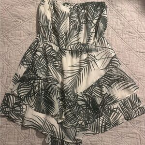 Express White Strapless Romper with Dark Green Palm Print